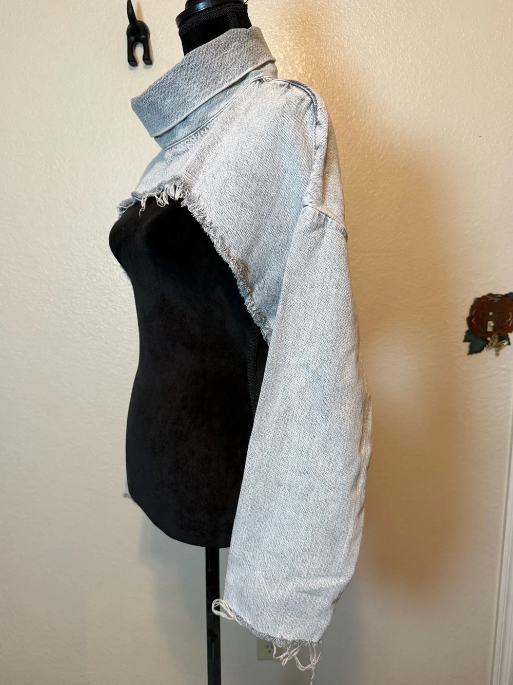Zara Extreme Crop Top Denim Turtleneck Gray Size Large